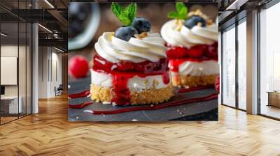 Small desserts topped with fluffy whipped cream, fresh berries, and juicy blueberries Wall mural