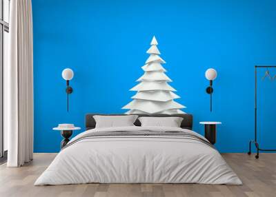 Low poly white christmas tree 3d render illustration on blue background Wall mural