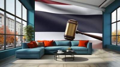 Thailand country national flag with judge gavel hammer on court desk concept of constitutional law and justice based on wood desk table 3d rendering image Wall mural