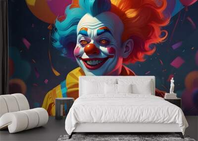 Colorful illustration of a clown, surrounded by bright, vibrant colors. Wall mural