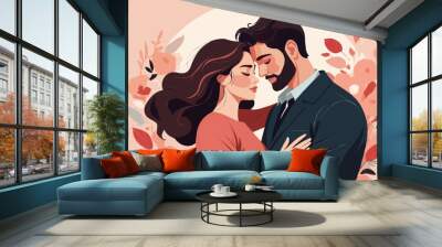 Illustration of two people in love hugging in love with heart flowers Wall mural