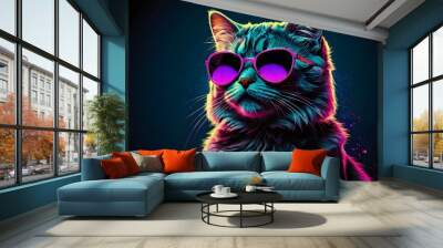 illustrations drawings portrait of colorful cat with elegant and beautiful glasses in abstract on black Wall mural