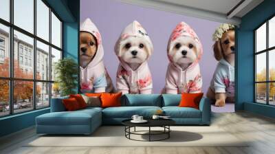 imagination illustration of the portraits different dogs are the same as models with cute tender clothes in beautiful colors mixed flowers illustration drawing. Wall mural