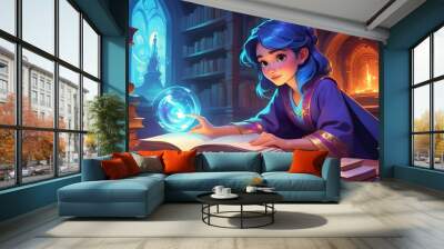 vector illustration of a young girl look at the book fantasy is amazing imagination many things from the library Wall mural