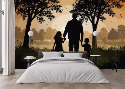 vector illustration of shadow family in beautiful sunset nature Wall mural