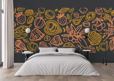 Granola hand drawn vector set. Crunches. Oats with fruits, berries, nuts, cocoa, tasty cereal ingredients. Wall mural