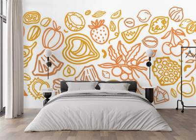 Granola hand drawn vector set. Crunches. Oats with fruits, berries, nuts, cocoa, tasty cereal ingredients. Wall mural