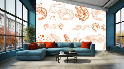 Hand drawn isolated vector set of shrimps and prawns. Shrimps and langoustines on a white background.. Seafood, food vintage illustration. Design template.  Wall mural