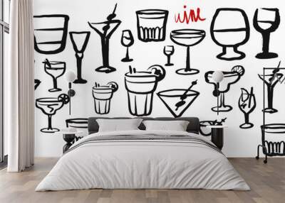 Isolated vector set of wine and alcoholic beverage glasses and tumblers. Hand drawn sketch.Red and black drawing on white background.Cocktails, martini, whiskey, cognac, vodka, gin tonic, beer, brandy Wall mural