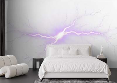 Purple lightning bolt strike set. Thunderstorm light effect  on transparent background Wall mural