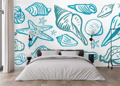 Seashells vector set. Hand drawn illustrations.Marine background.  Wall mural