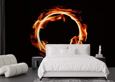 Abstract golden ring of fire circle with light effect on black background, generated by AI Wall mural