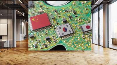 Microchip, processor and CPU producer countries of the World. Flags of Japan, China, USA and Korea on the chips.   Wall mural