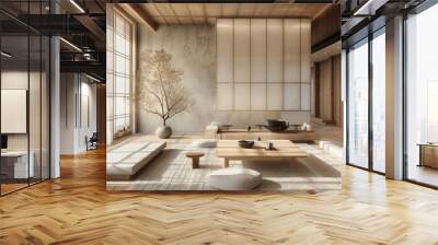 Contemporary living room in Japandi minimalist design: Japanese and Scandinavian fusion for a serene and modern home. Wall mural