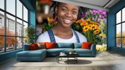 Happy Black Woman Flower Shop Proprietor Beams Confidently in Camera Shot Wall mural