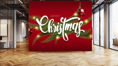 Merry Christmas and happy new year banner. Realistic Tree Branches and lights Xmas design, handwriting christmas font Wall mural