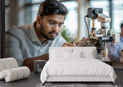 An Indian robotics engineer assembling intricate machine parts, highlighting advanced mechanical and robotic integration. Wall mural