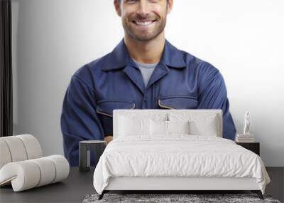 portrait of a mechanic man standing and folded hand isolated on white background Wall mural