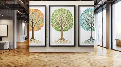 set of three vertical poster, minimalist doodle trees line art, wallpaper background Wall mural