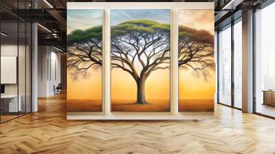 set of three vertical poster, minimalist  large old tree and oil painting wall deco Wall mural