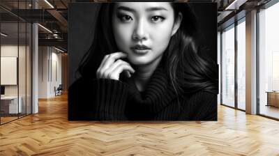 young asian woman , wearing long neck sweater, Korean makeup look, professional profile photo shoot, black and white themes  Wall mural