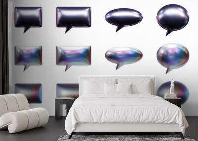 Inflated speech bubbles in three-dimensional Y2K holographic chrome styles isolated on transparent background. 3D rendering Wall mural