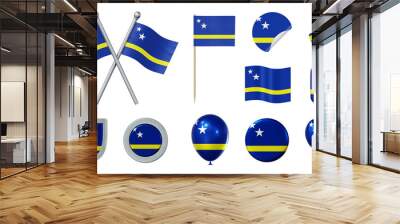 Set of objects with flag of Curaçao isolated on transparent background. 3D rendering Wall mural