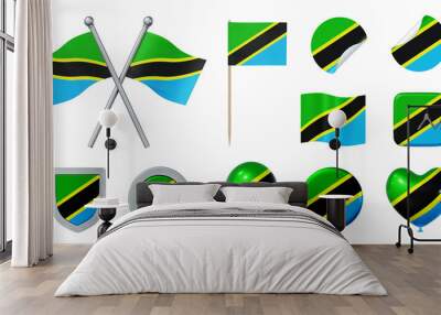 Set of objects with flag of Tanzania isolated on transparent background. 3D rendering Wall mural