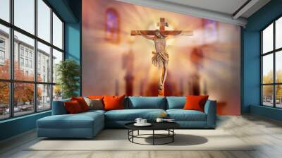 crucifix, jesus on the cross in church with ray of light from stained glass Wall mural