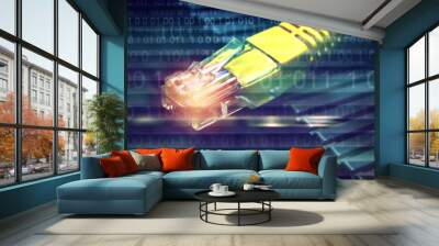 lan network cable on binary numbers background, connect to internet. Wall mural