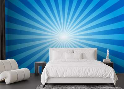 Sunburst retro sun rays blue background. Abstract summer sunny. Vintage radial texture. Vivid color. Wall mural