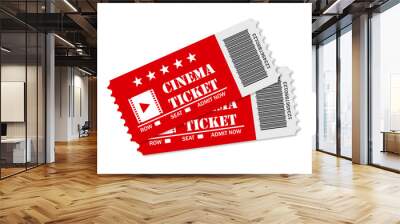 Two red cinema tickets on white background isolated or movie time realistic style. Wall mural