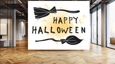 Halloween 2022 - October 31. A traditional holiday. Trick or treat. Vector illustration in hand-drawn doodle style. Set of silhouettes of a witch s broom with an orange watercolor spot. Wall mural