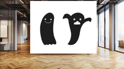 Halloween 2022 - October 31. A traditional holiday. Trick or treat. Vector illustration in hand-drawn doodle style. Set of silhouettes of cute ghosts. Wall mural