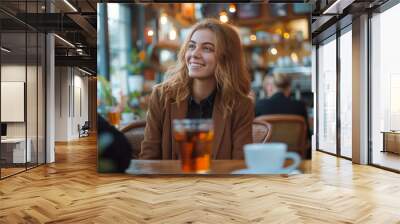 Young Woman Enjoying a Drink in a Cozy Café Wall mural