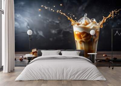 A glass of iced coffee with a splash of cream and sugar being poured from a pitcher, kitchen, dinerware, food preparation, morning Wall mural