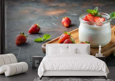 Homemade natural yogurt with fresh strawberries on cutting board Wall mural