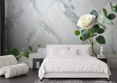 Round marble podium with white rose and eucalyptus decor Wall mural