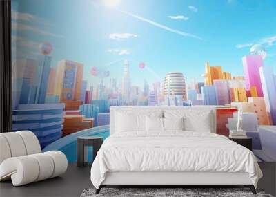 A bright city skyline buildings with strong sunlight and blue sky. Generative AI.  Wall mural