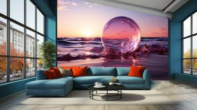 A glass ball lies in the waves on the sandy beach, the sea and the setting sun are reflected in the ball. Wall mural