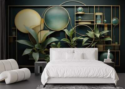 A minimalistic low polygonal art of biology green and gold plant structure. Wall mural