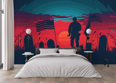 a silhouette of a soldier in front of a sunset Wall mural