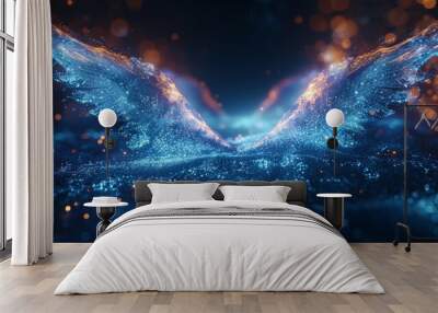 Abstract background with glowing blue light waves forming two symmetrical wings. Wall mural