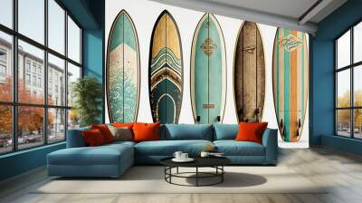 Collection of vintage wooden fishboard surfboard isolated on white with clipping path for object, retro styles. Generative AI. Wall mural