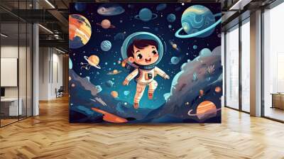 Cute illustration astronaut character in space with planets. Generative AI. Wall mural