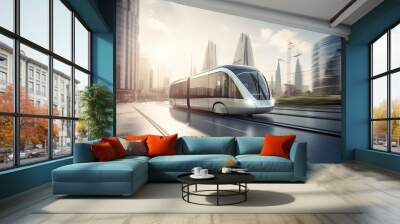 Futuristic electric vehicle train auto drive on the road. Auto drive system electric vehicle. Generative AI. Wall mural