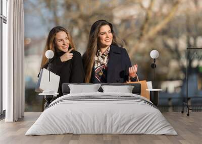 Happy young women with shopping Wall mural