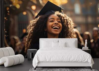 Graduation party of a black young girl. Portrait of black american young woman wearing a graduation cap Wall mural