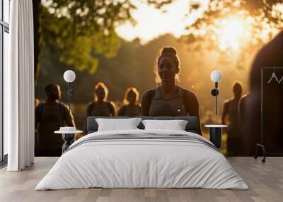 Group of people doing bootcamp or fitness outdoor in a park in the city. Sunlight. Wall mural