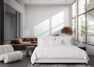 Minimal style Modern white living room with blank white wall for copy space 3d render, large windows Wall mural